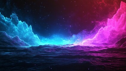 Fototapete - A futuristic backdrop featuring cybernetic patterns, shimmering particles, and 3D abstract elements, including a dynamic wave composed of points and lines, symbolizing big data
