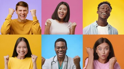 Poster - A diverse collection of adults and kids expressing happiness and triumph through cheerful gestures and emotions. Each person showcases excitement, reflecting a shared sense of achievement.