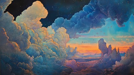 Poster - A backdrop featuring pastel rainbow unicorns, glittering stars, and a dreamy pink fuzzy sky with charming holographic elements and fairy iridescent gradients