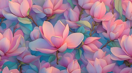 Wall Mural - A seamless watercolor pattern featuring magnolia flowers is presented, showcasing a hand-drawn floral background with gentle white and pink hues