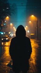 Poster - A solitary figure stands silently in a darkened urban landscape, illuminated by hazy streetlights. Surrounding reflections shimmer in the waterlogged street, creating a haunting ambiance