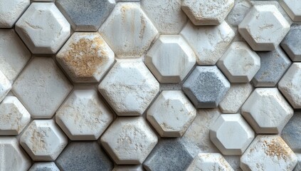 Poster - Wood panels featuring a honeycomb pattern in hexagonal shape, accompanied by a wooden background and an abstract design in brown, are paired with a white marble wall that incorporates hexagonal tiles