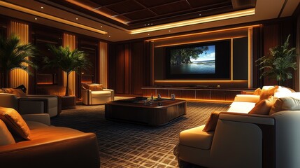Poster - A luxurious, modern living room featuring plush seating, mood lighting, and a large screen, creating an inviting space for relaxation and entertainment.