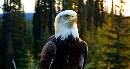 Poster - Eagle at Sunset Forest with Golden Hue Sunlight in Background