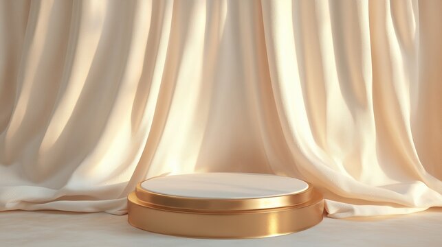 3D rendering of a gold podium with a white cloth draped behind it.