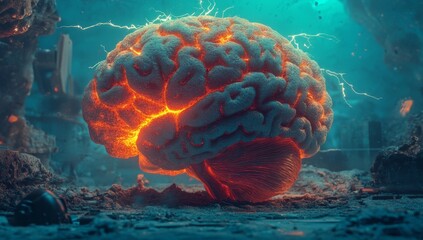 Poster - A digital illustration of the human brain is depicted with electrical activity, flashes, and lightning set against a blue background
