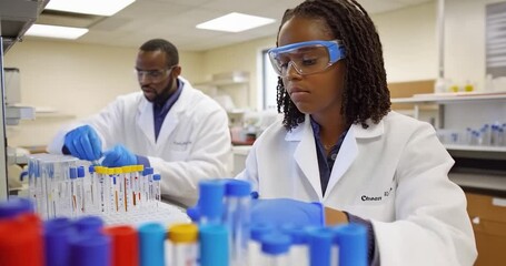Poster - Scientist Woman Wearing White Lab Coat Protective Eyewear Examines Samples in Laboratory Setting