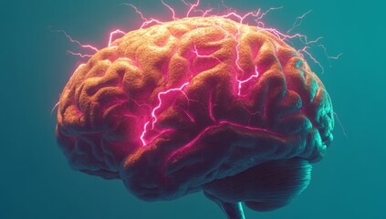 Poster - The human brain is illustrated digitally with flashes and lightning representing electrical activity on a blue-colored backdrop