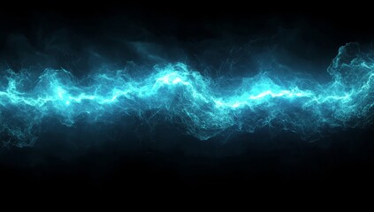 Poster - A dark digital backdrop filled with moving, glowing particles, rendered in 3D, exemplifies a futuristic cyberspace with an abstract technological wave of motion dots and lines