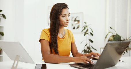 Poster - Remote work, inspiration and laptop with woman typing in home office for research, email draft or report. Newsletter, online and copywriting with freelancer or journalist in apartment for blog writer