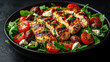 © Platoo studio - fresh keto salad with grilled chicken, feta cheese, and cherry tomatoes, garnished with olives and herbs, perfect for healthy