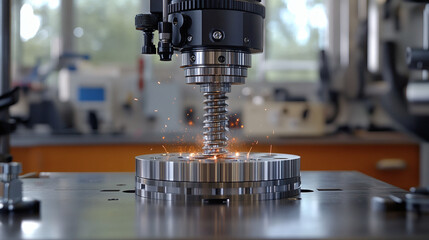 Aufkleber - A high-precision machining process is shown, featuring a cutting tool creating sparks on a metal workpiece in an industrial setting