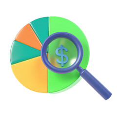 Poster - Analyzing financial data with magnifying glass on pie chart Clipart Photo isolated on transparency background
