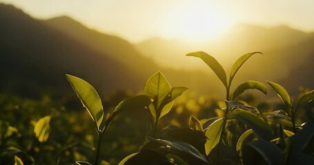 Poster - Golden Sunlight Illuminating Green Tea Leaves in a Mountainous Tea Field at Sunset or Sunrise