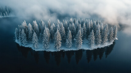 Poster - A serene winter landscape featuring a circular island of snow-covered pine trees surrounded by calm, dark waters and misty clouds