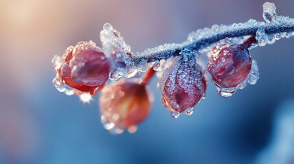 Poster - A close-up of frosty berries on a branch, glistening with ice, capturing the beauty of winter's chill and nature's delicate details