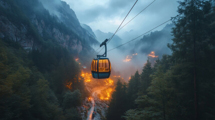 Poster - A scenic cable car glides over misty mountains and lush trees, revealing a warm, glowing valley below