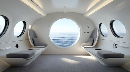 Poster - A modern, circular interior design with panoramic windows showcasing ocean views, offering a serene and futuristic atmosphere