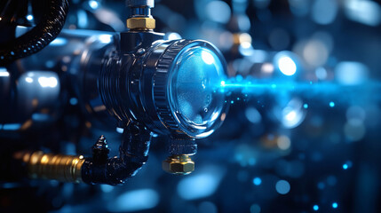 Poster - A futuristic close-up of a mechanical device emitting a vibrant blue beam, highlighting intricate details and advanced technology