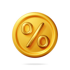 Poster - 3D percent sign in gold coin isolated. Render money, finance or business concept. Percentage, sale, discount, promotion and shopping symbol. Offer, price tag, coupon, bonus. Vector illustration