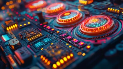 Poster - Innovative technology presents a glowing microchip embedded within a dynamic array of vibrant light patterns in 4K