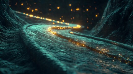 Poster - A captivating scene of twisting data threads and glowing particles in a dark environment