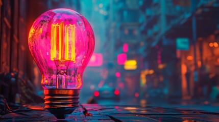 Poster - As the sun sets, a light bulb, brilliantly lit, shines with creativity against the backdrop of a vibrant city skyline