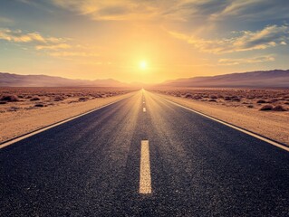 A scenic desert highway during the golden hour, offering a sense of freedom and tranquility.