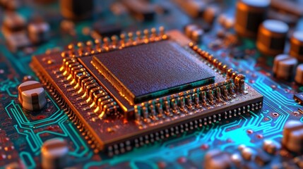 Poster - Unveiling the complex design of an advanced circuit board illuminated by radiant components