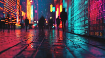 Poster - People walk past colorful digital patterns that shimmer on a polished floor