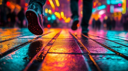 Poster - On a polished floor, colorful digital patterns glitter as people move in the background