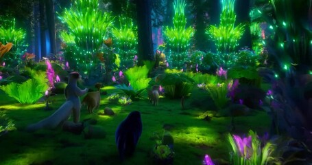Aufkleber - People walking along a forest path illuminated by neon colored light and blue light in the forest