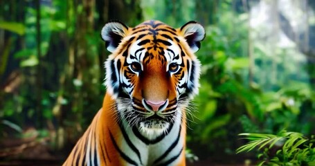 Poster - Close-up of a Tiger in a Green Forest Environment with Blurred Background and Orange Stripes