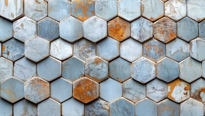 Poster - The combination of honeycomb patterned wood panels in hexagonal shape, a wooden background, and an abstract brown pattern, is enhanced by a white marble wall with hexagonal tiles, adding texture, and