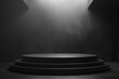 © Kristina - Podium black dark smoke background product platform abstract stage texture fog spotlight. Dark black floor podium dramatic empty night room table concrete wall scene place display studio smoky dust