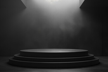 Podium black dark smoke background product platform abstract stage texture fog spotlight. Dark black floor podium dramatic empty night room table concrete wall scene place display studio smoky dust