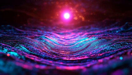  - Against a dark background, an abstract illustration shows particles passing through a medium, symbolizing pink-blue frequency signal waves or sound waves