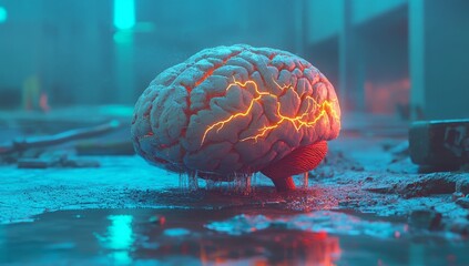 Poster - Digital illustration of the human brain showcases electrical activity through flashes and lightning on a blue-hued background