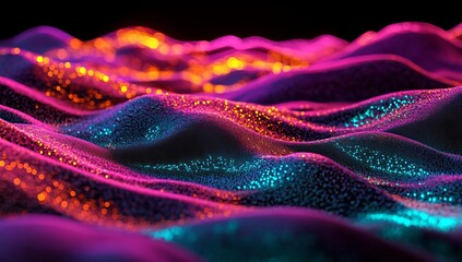 Poster - Big data visualization merges with a musical stream of sounds and sound wave visualization to create a futuristic abstract digital data background that includes an interweaving of dots in a science