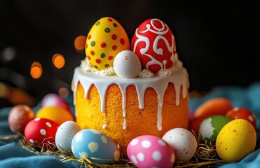 Poster - Colorful Easter eggs on top of an Easter cake, decorated with white glaze and colorful patterns. Vibrant background. Black studio backdrop.