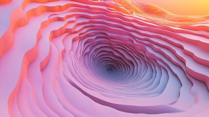 Fototapete - A minimalist gradient background in shades of orange and dark pink provides the setting for 3D renders of pink abstract shapes, which are juxtaposed with abstract 3D waves in pink and orange and a
