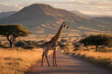 giraffe on african road