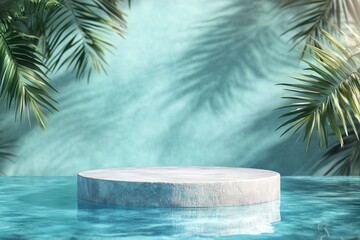 Stone podium stand in luxury blue pool water. Summer background of tropical design product placement display