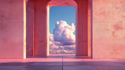 Poster - A futuristic scene with a minimalist abstract background, simple geometric shapes, and water, under a blue sky with clouds, creates a fantastic design