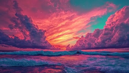 Poster - A charming background that includes a pastel rainbow unicorn, sparkling stars, a hazy pink fantasy sky, a holographic area, and a fairy iridescent gradient, all combining to create a unique backdrop