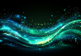 Poster - In a 3D rendering, a futuristic digital cyberspace is illustrated with a technological network abstract background, comprising waves of green and blue particles connected by lines and dots