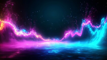 Fototapete - The abstract background showcases futuristic cybernetic patterns, shimmering particles in 3D, and a dynamic wave formed by points and lines, alluding to the concept of big data