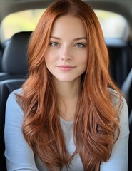 Wall Mural - A woman with long red hair sitting in a car