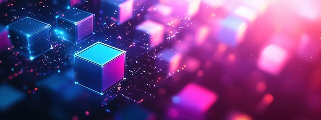 Poster - Abstract Neon Cubes Digital Art: Glowing Geometric Shapes in Vibrant Pink and Blue Hues