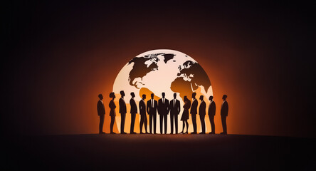 Poster - Silhouetted figures stand united before a globe shape against a dark orange backdrop.  A sense of global community and connection is evoked by the warm, dramatic lighting.